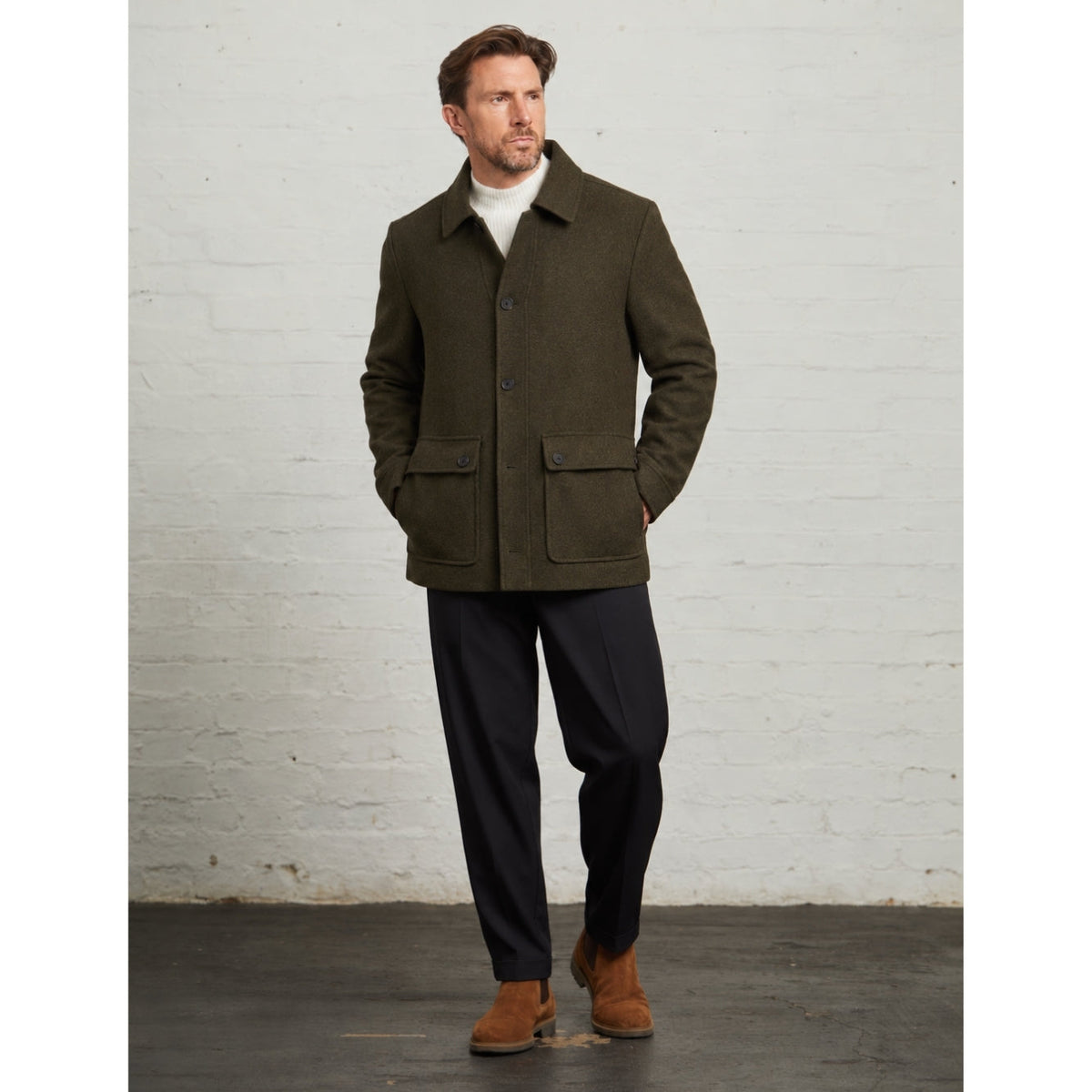 Kyle Wool Tweed Carcoat in Green, full length view on a model