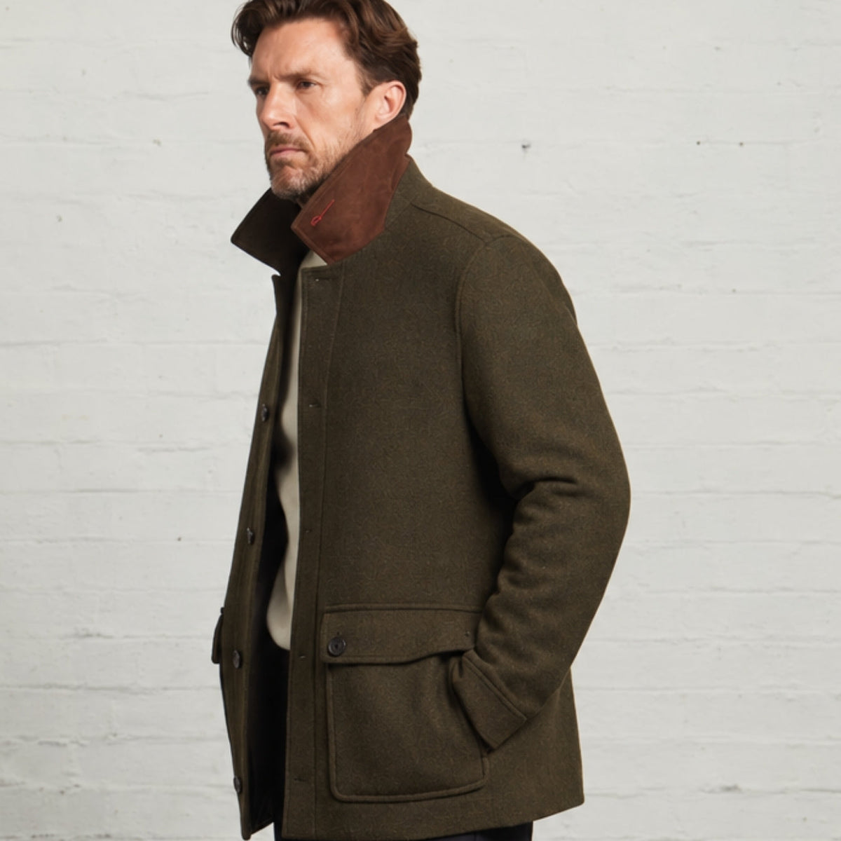 Kyle Wool Tweed Carcoat in Green, collar up to show the brown undercollar