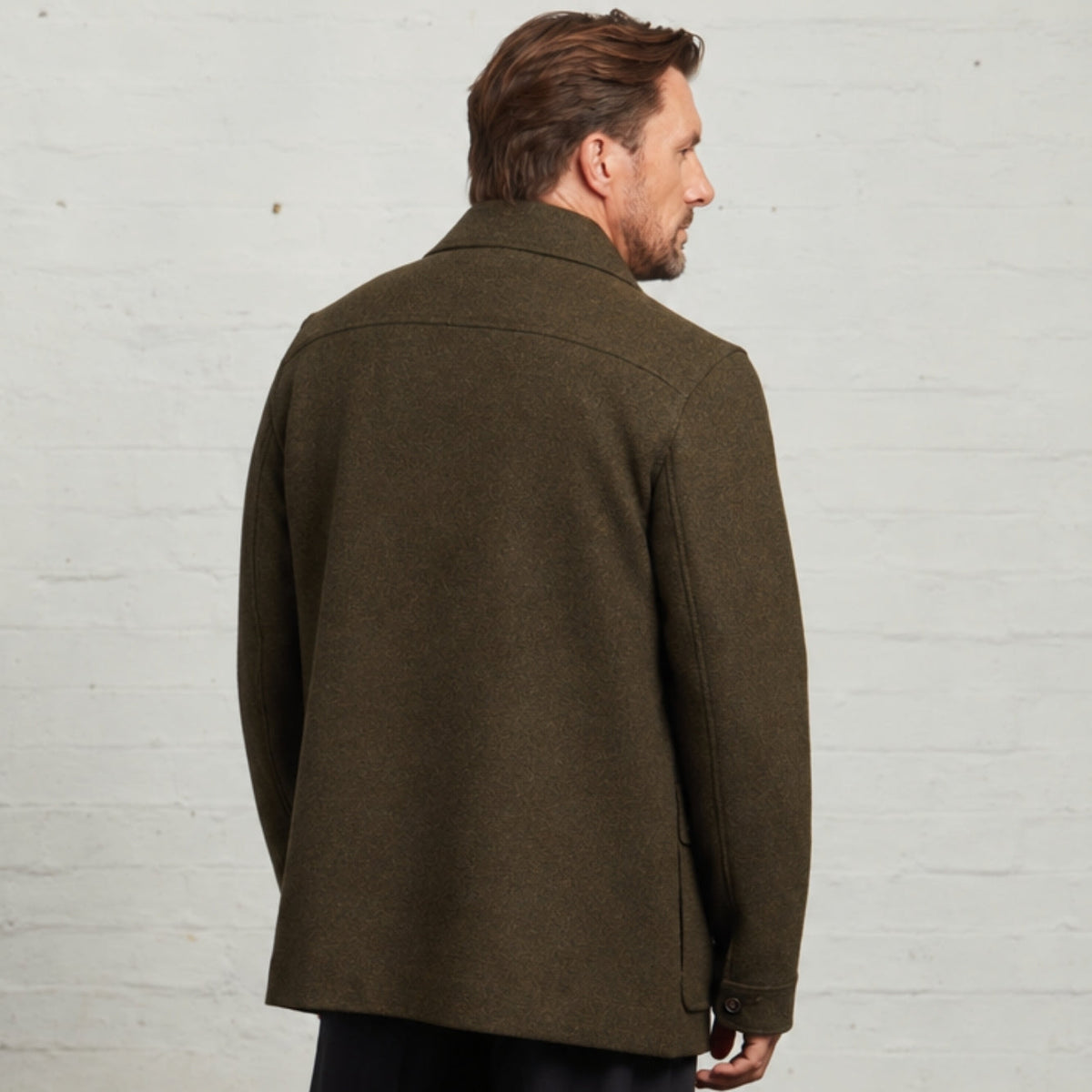 Kyle Wool Tweed Carcoat in Green, back view on a model