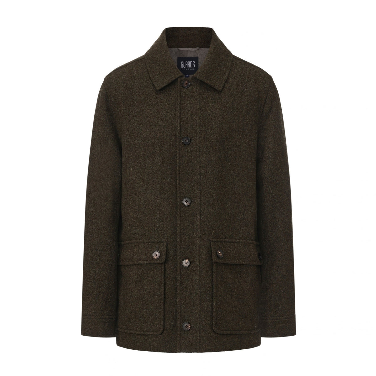 Kyle Wool Tweed Carcoat in Green herringbone, flat front view with flap pockets