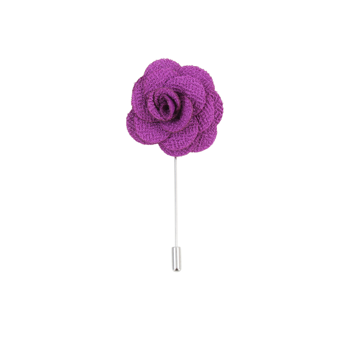 Purple Fabric Rose Lapel Pin - Leonard Silver - front with pin stem