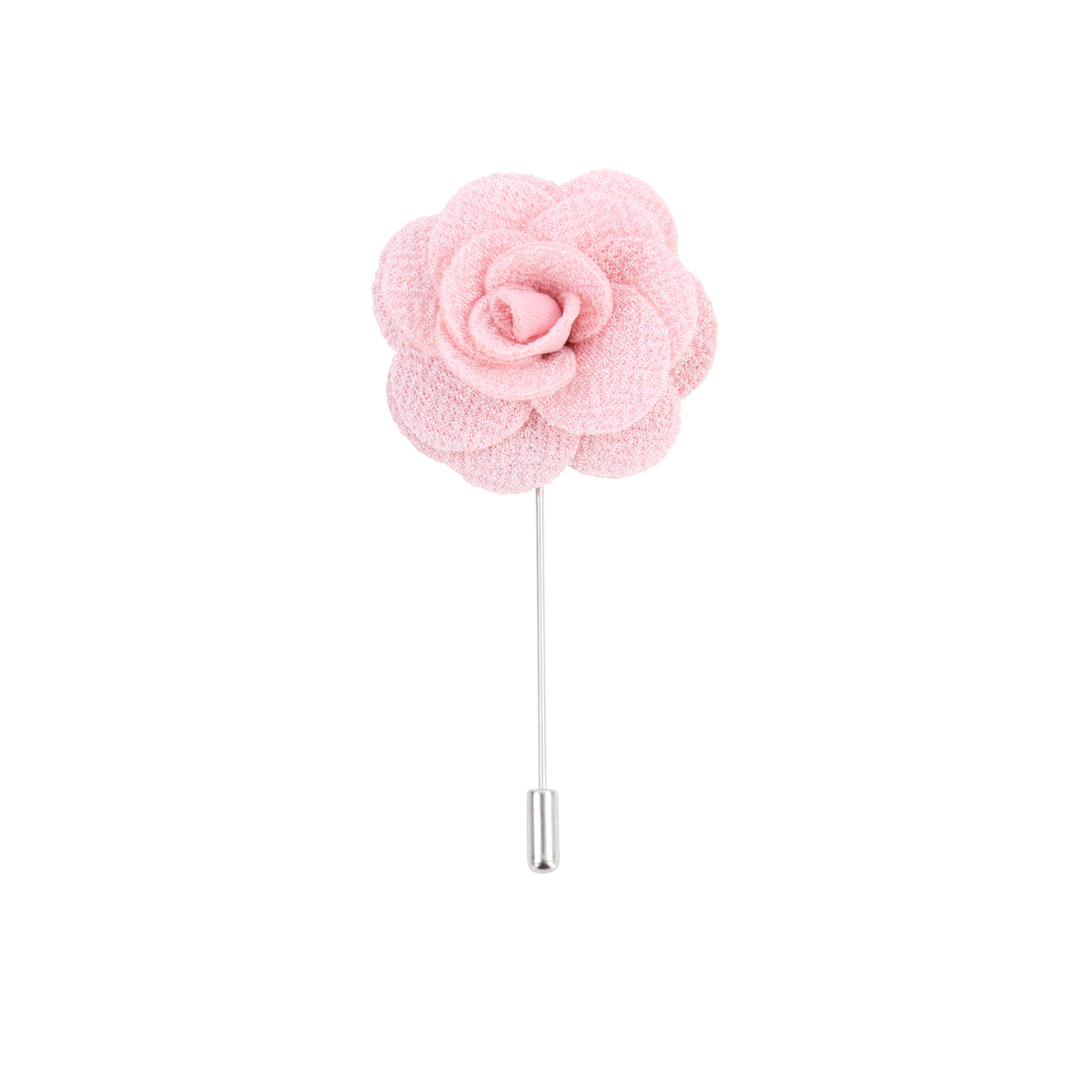 Pink Rose Fabric Lapel Pin - Leonard Silver - front view with long pin