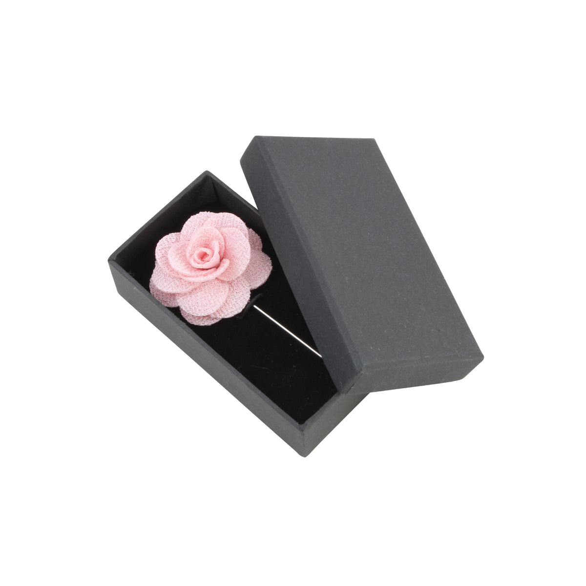 Pink Rose Fabric Lapel Pin - Leonard Silver - shown in its black box