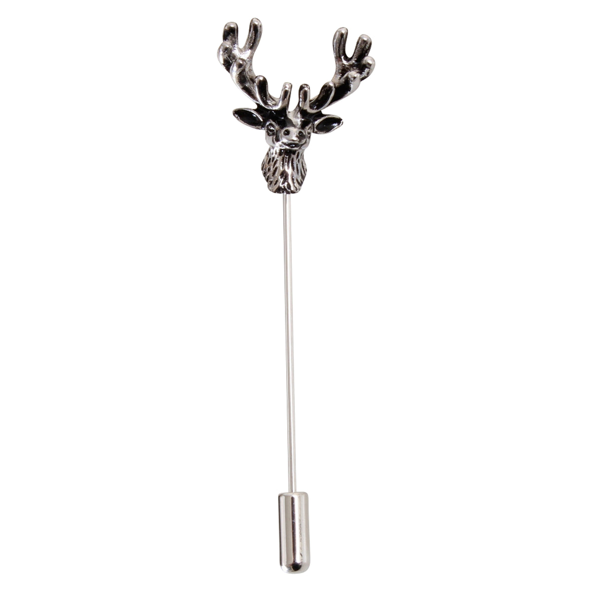 Stag Head Lapel Pin in Antiqued Silver Tone - Leonard Silver - full length with pin and cap