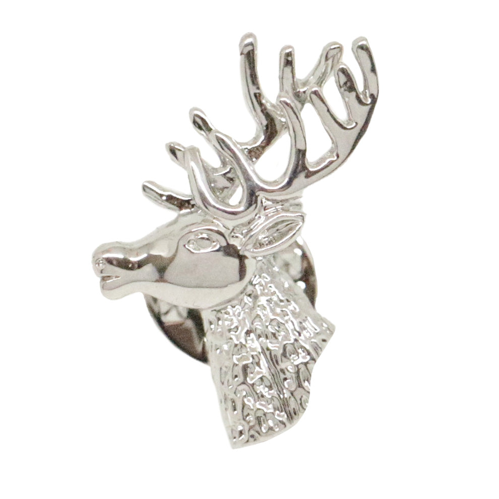Silver Tone Stag Head Lapel Pin - Leonard Silver - front