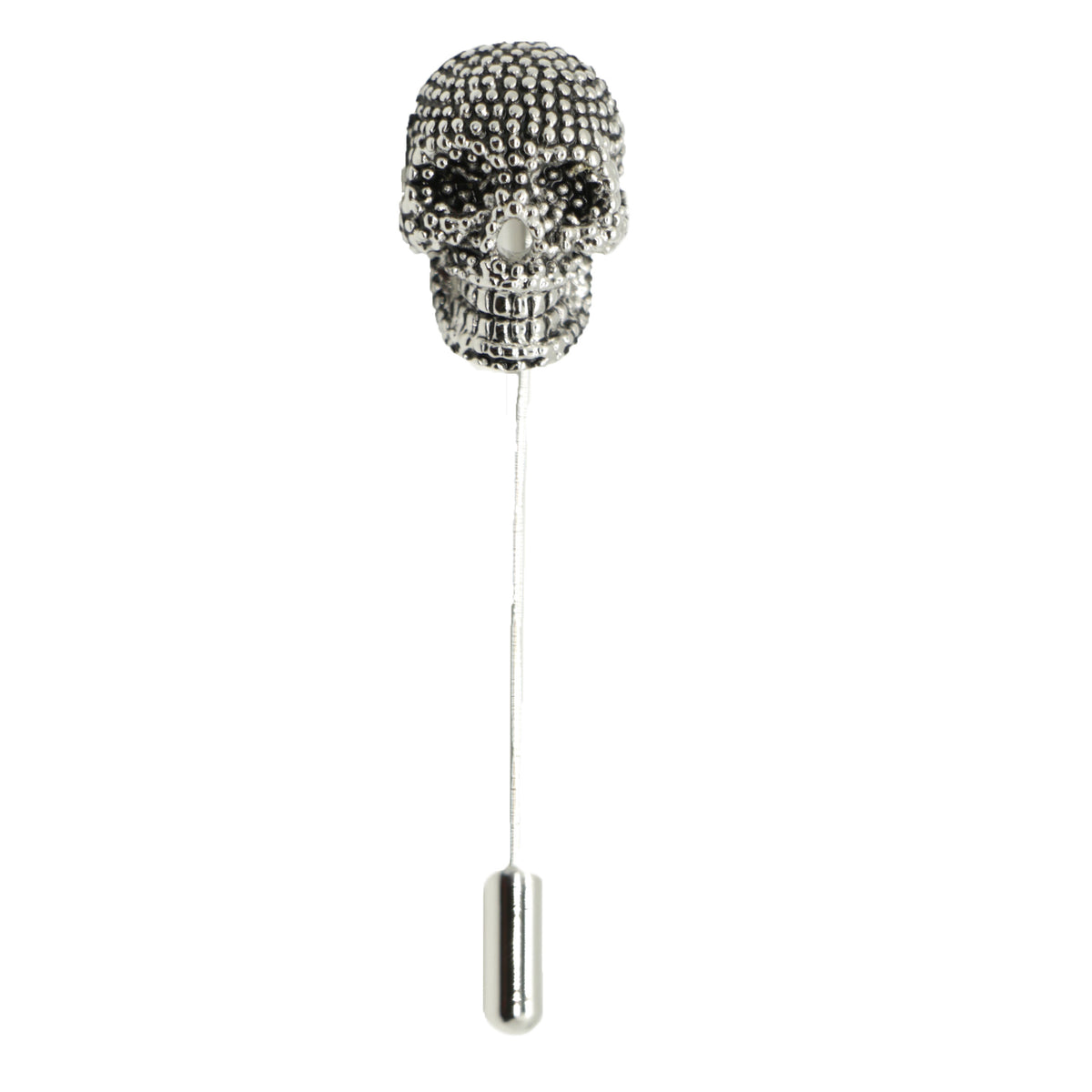 Skull Burnished Rhodium Stick Lapel Pin - Leonard Silver - front view with pin and stopper