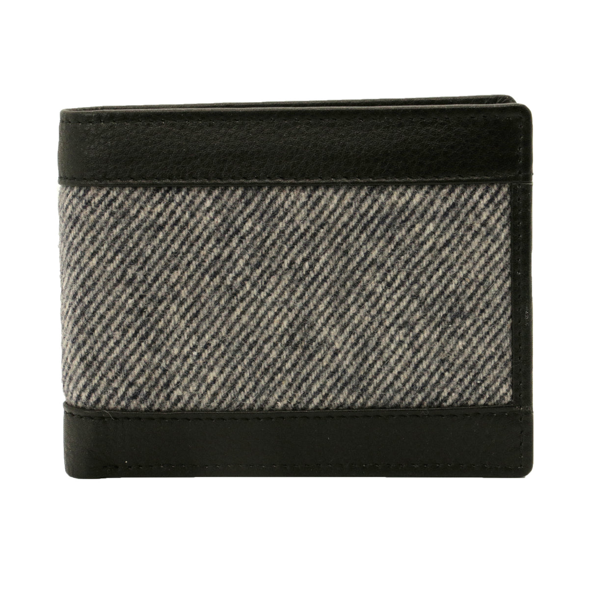 Black Leather RFID Wallet with Tweed Panel - Leonard Silver - front panel