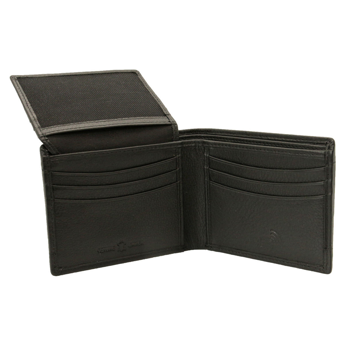 Black Leather RFID Wallet with Tweed Panel - Leonard Silver - open, showing ID partition