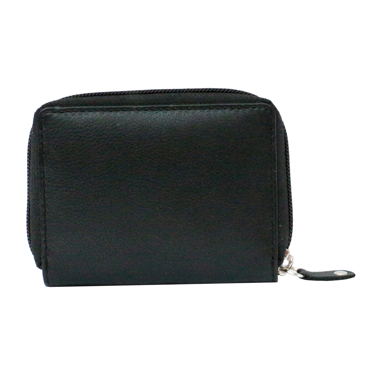 Black Leather RFID Zipped Concertina Card Case - Leonard Silver - zip and leather pull tab