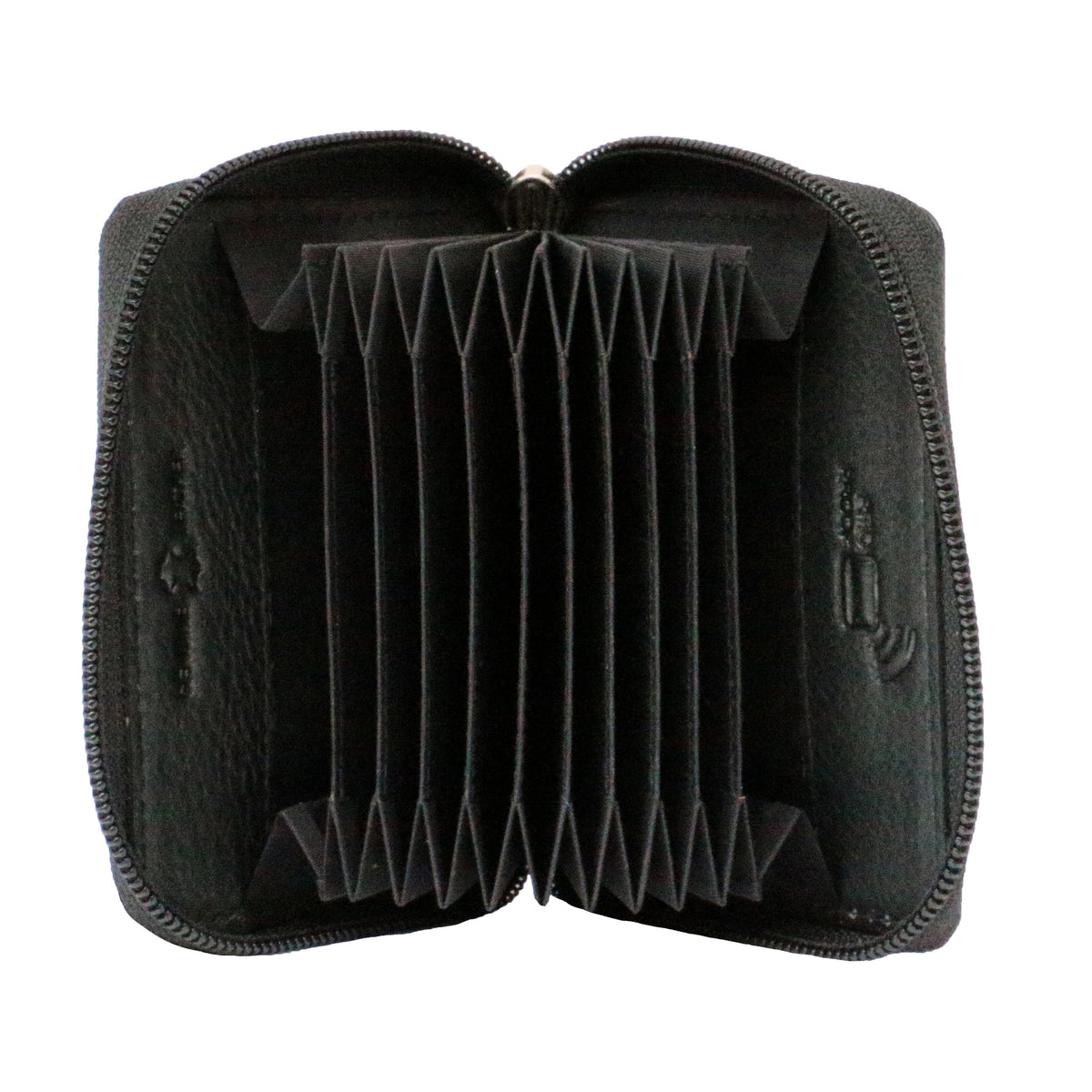 Black Leather RFID Zipped Concertina Card Case - Leonard Silver - open, showing card folds