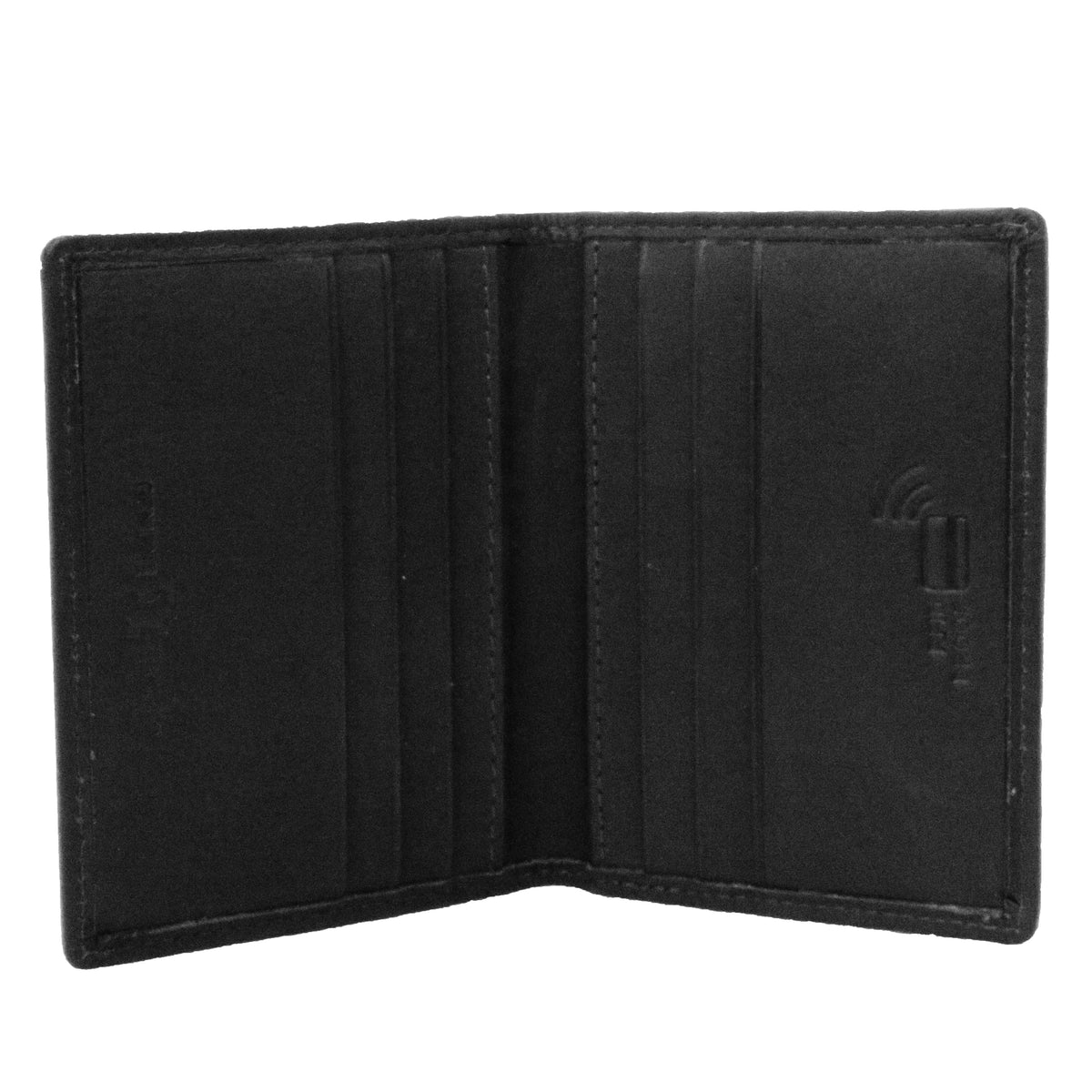 Black Leather RFID Double Credit Card Case - Leonard Silver - open, showing card slots