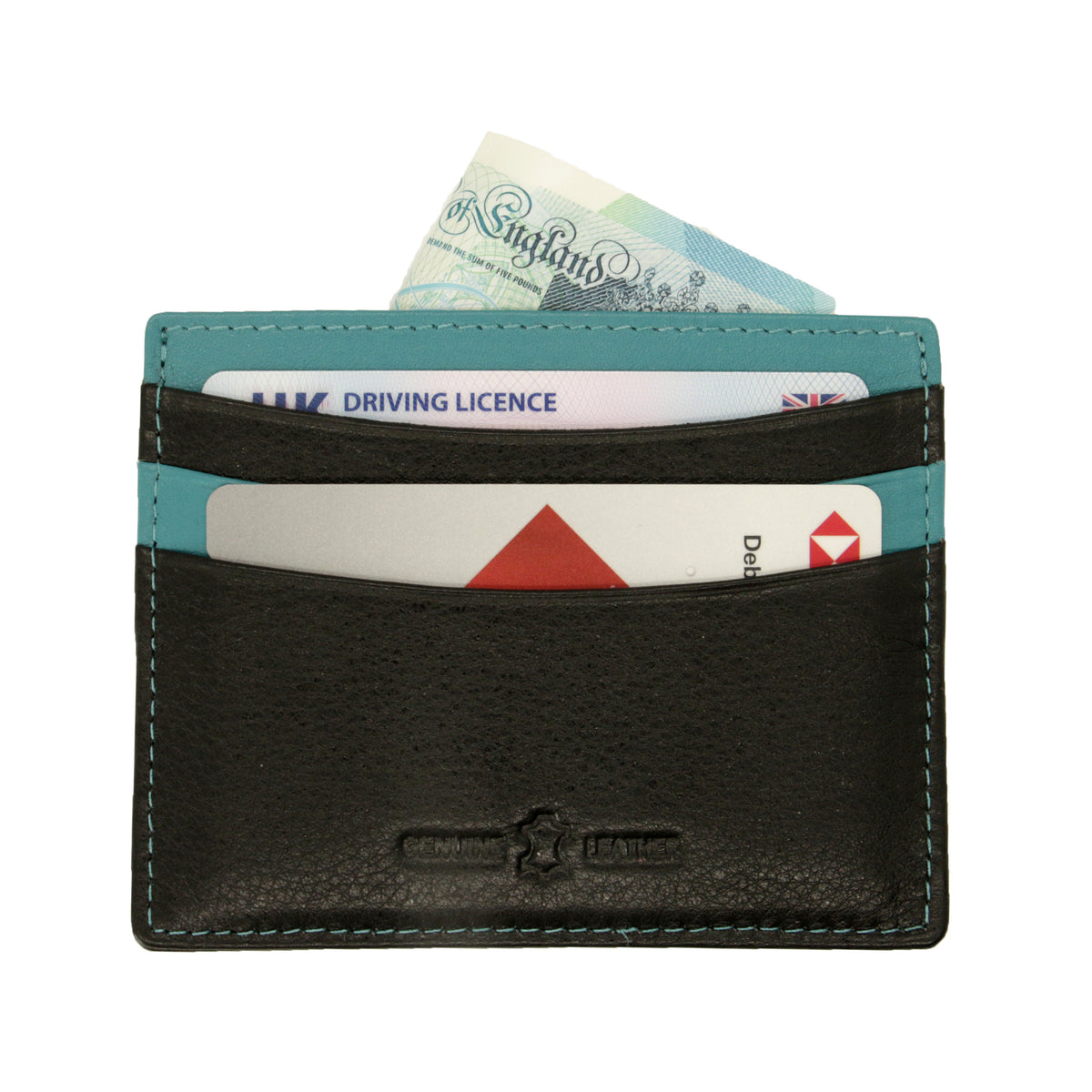 Black & Blue Leather RFID Card Case - Leonard Silver - front, holding cards and a note