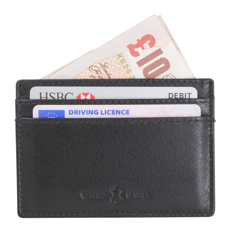Black Leather RFID Slim Card Holder - Leonard Silver - with cards and a note