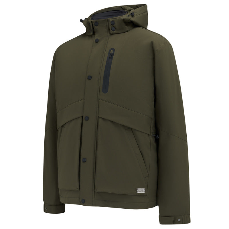 Leighton parka in Green, front flat view with hood, zip chest pocket and hem badge