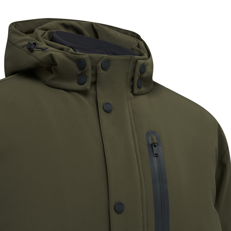 Close-up of the stud collar, hood and zipped chest pocket on the Green Leighton parka