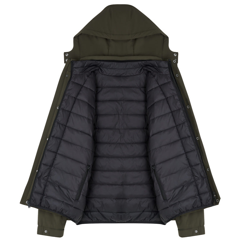 Green Leighton parka laid open to show the quilted removable gilet inside