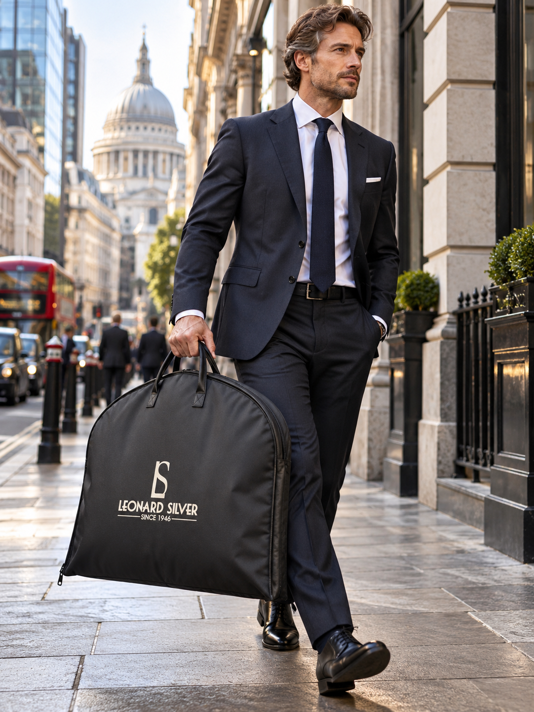 Man in a navy suit carrying the black Leonard Silver suit carrier on a city street