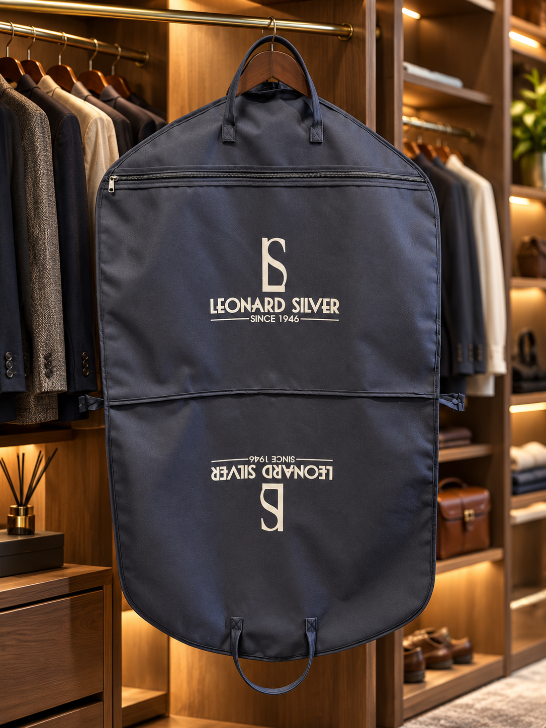 Navy Leonard Silver suit bag hanging open length in a wardrobe, showing the front zip pocket