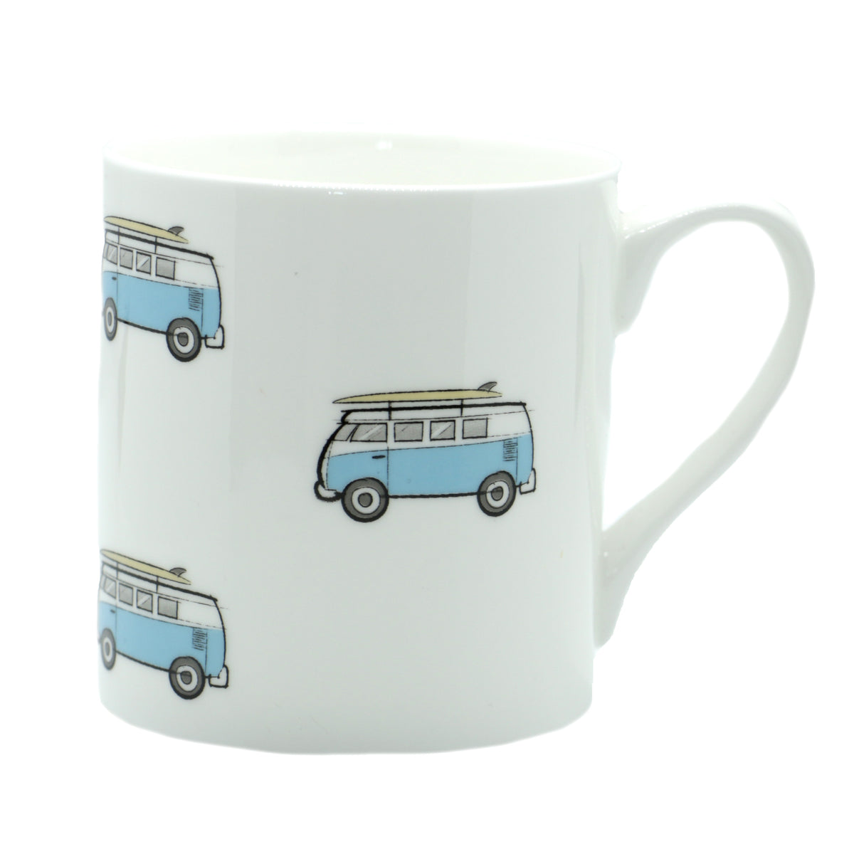 Blue Campervan Fine Bone China Mug - Leonard Silver - side view with handle