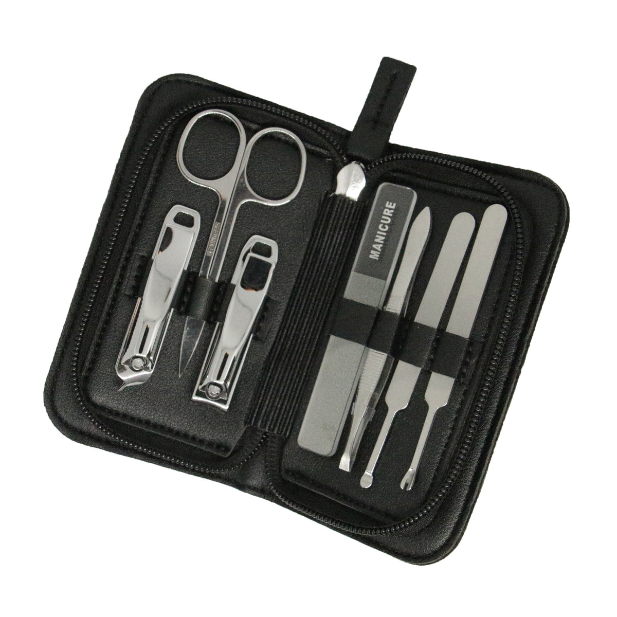 Black Zipped Manicure Set - 7 Piece - Leonard Silver - open, showing seven instruments