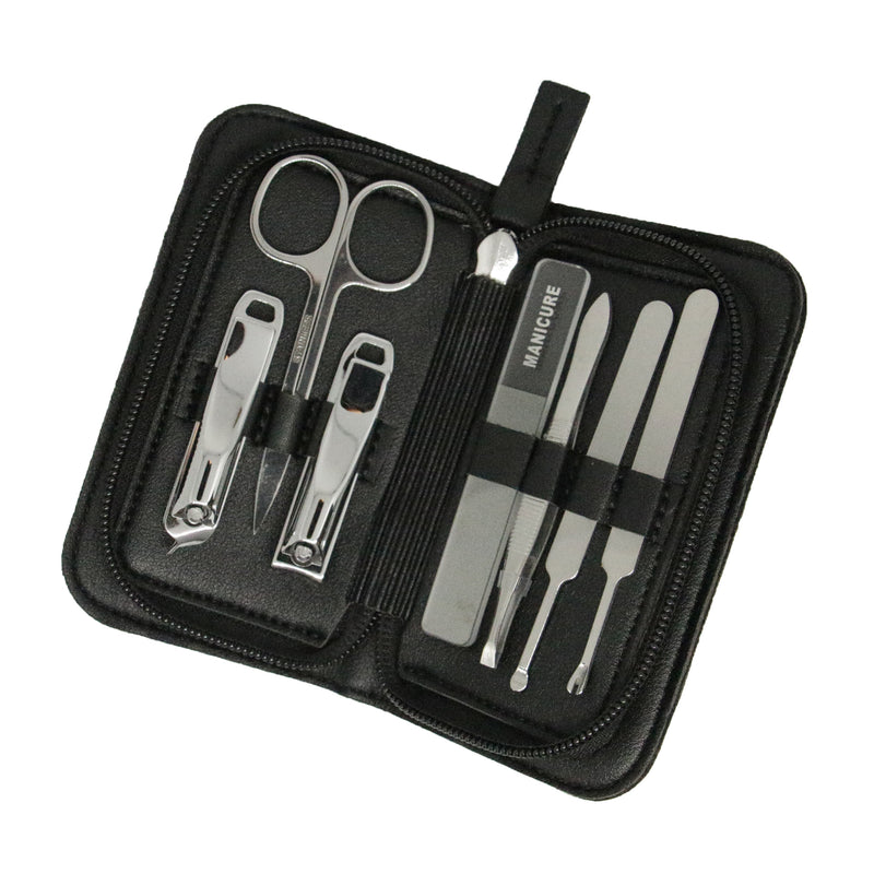 Black Zipped Manicure Set - 7 Piece - Leonard Silver - open, showing seven instruments