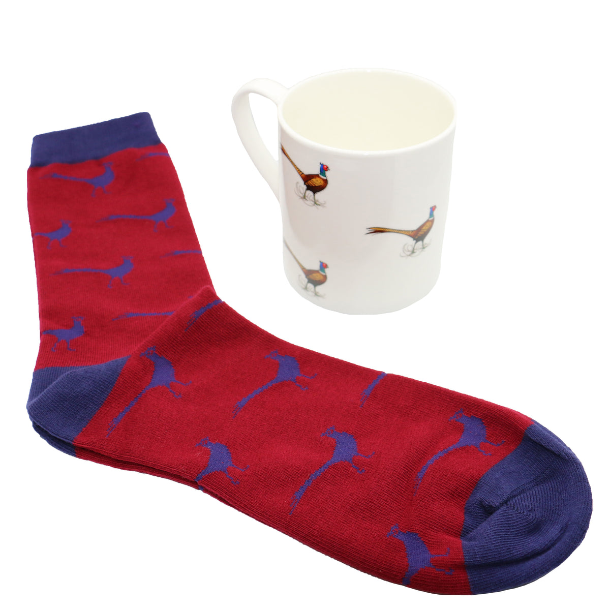 Pheasant Fine Bone China Mug And Sock Set - Leonard Silver - burgundy socks and white mug
