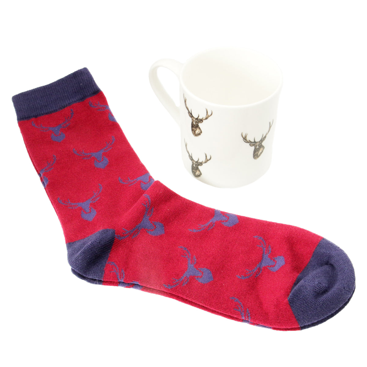 Stag Fine Bone China Mug And Socks Gift Set - Leonard Silver - mug and red socks