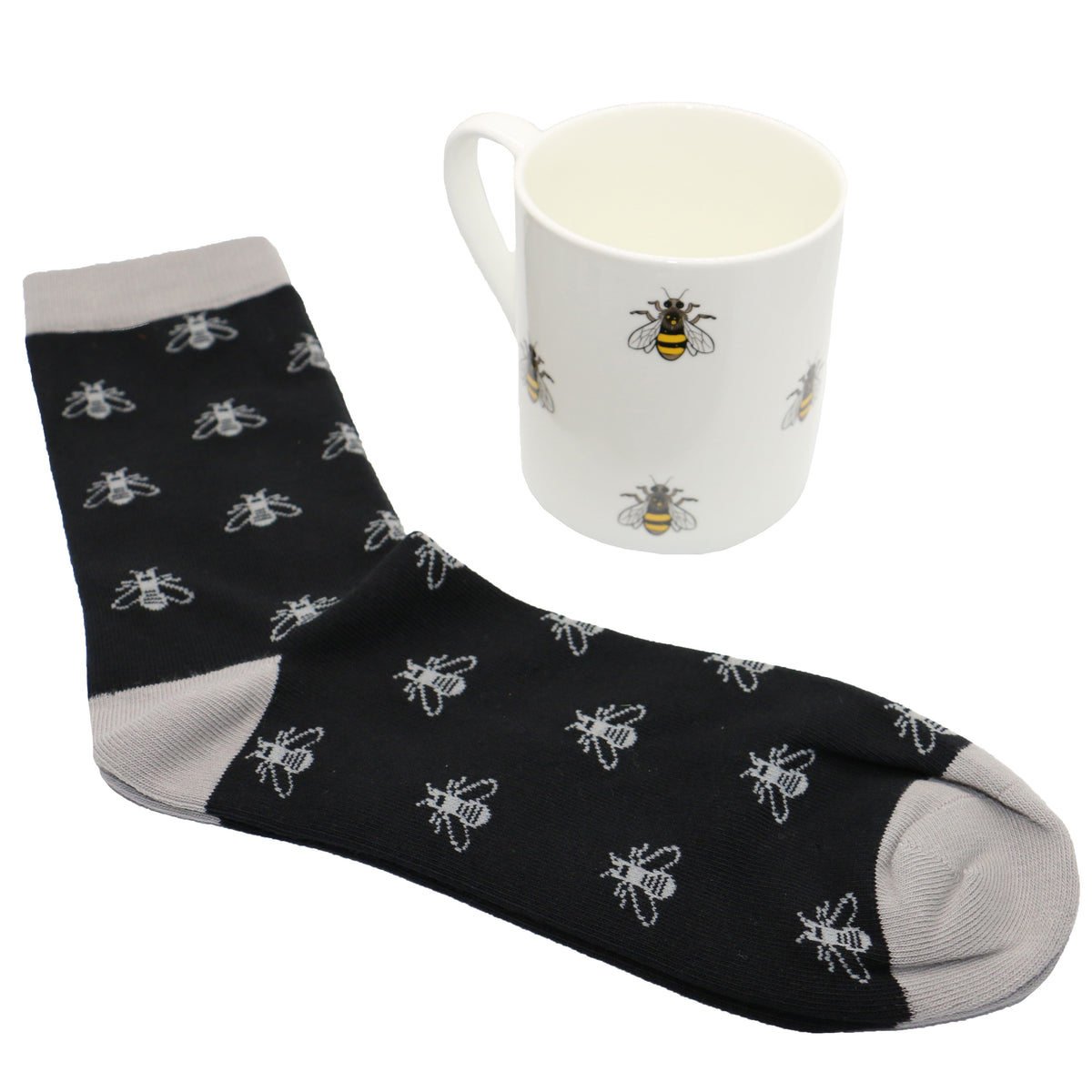 Bee Fine Bone China Mug And Sock Set - Leonard Silver - white bee mug with black bee-patterned socks