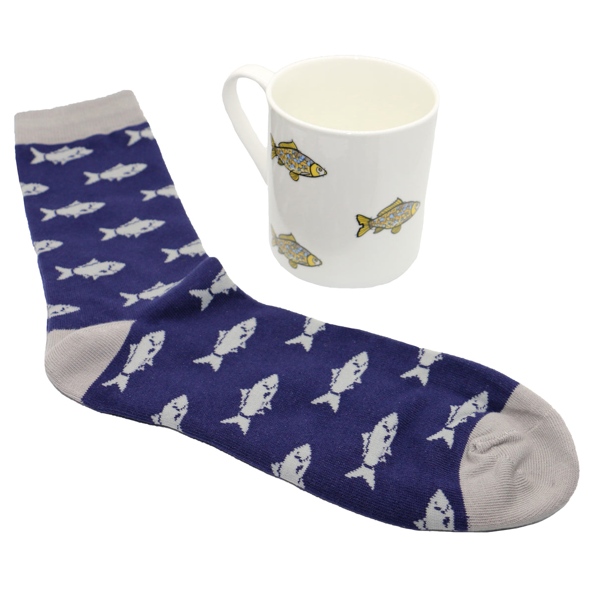 Fish Fine Bone China Mug & Socks Gift Set - Leonard Silver - fish motif socks with mug