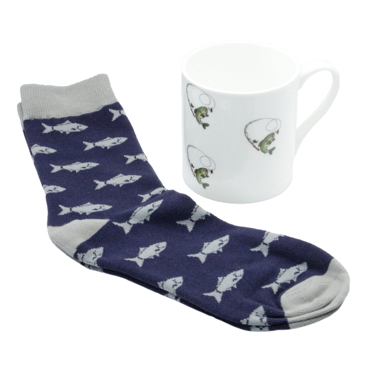 Fish Fine Bone China Mug & Socks Gift Set - Leonard Silver - socks and mug side view