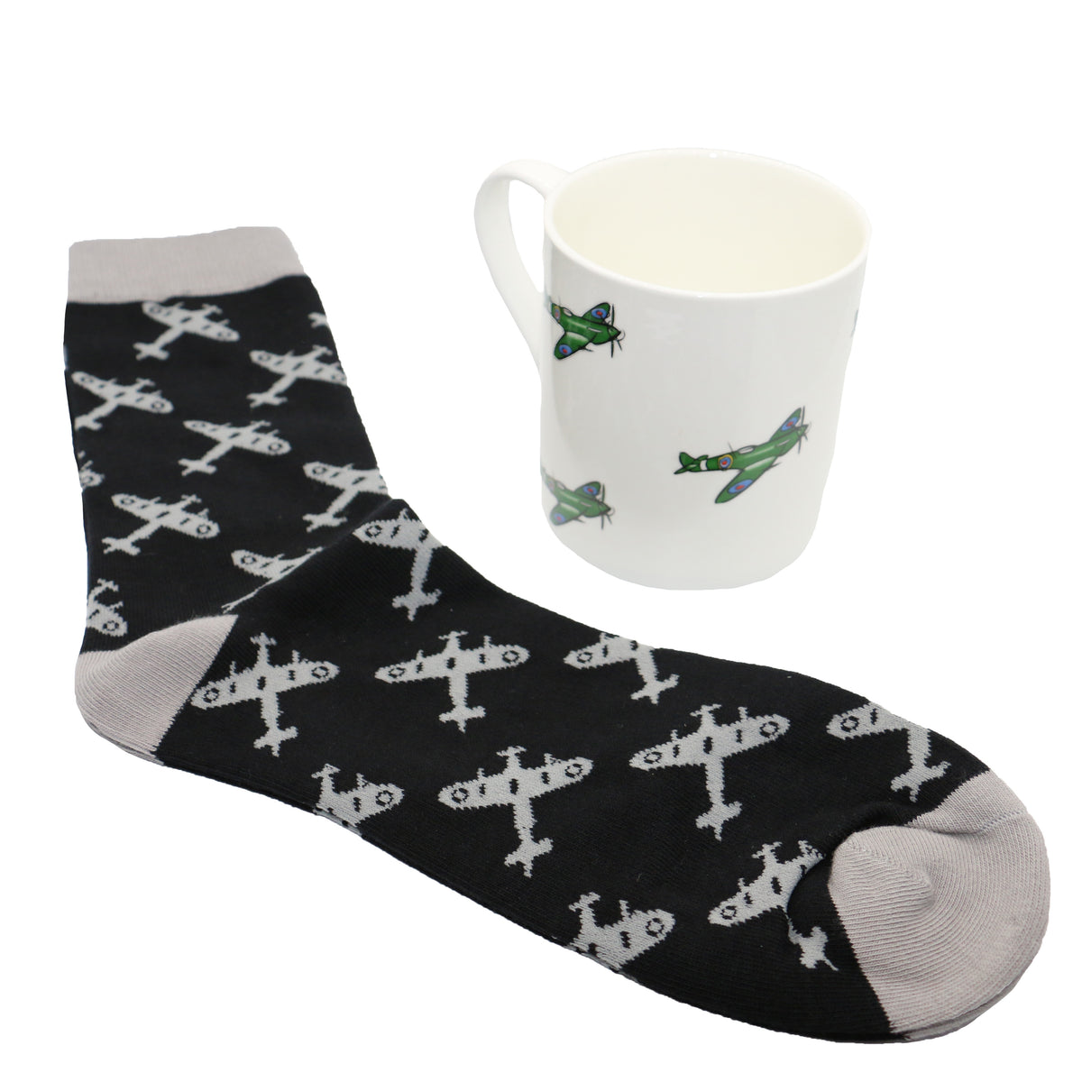 Spitfire Fine Bone China Mug and Sock Set - Leonard Silver - mug and sock shown together