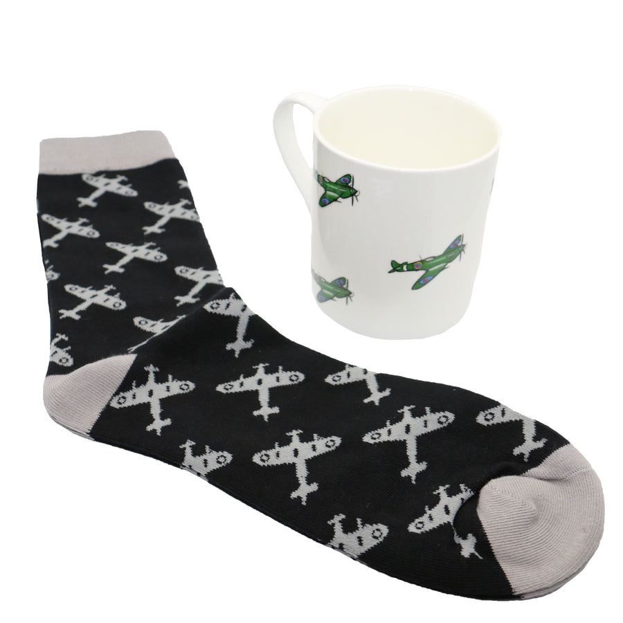 Spitfire Fine Bone China Mug and Sock Set - Leonard Silver - mug and sock shown together