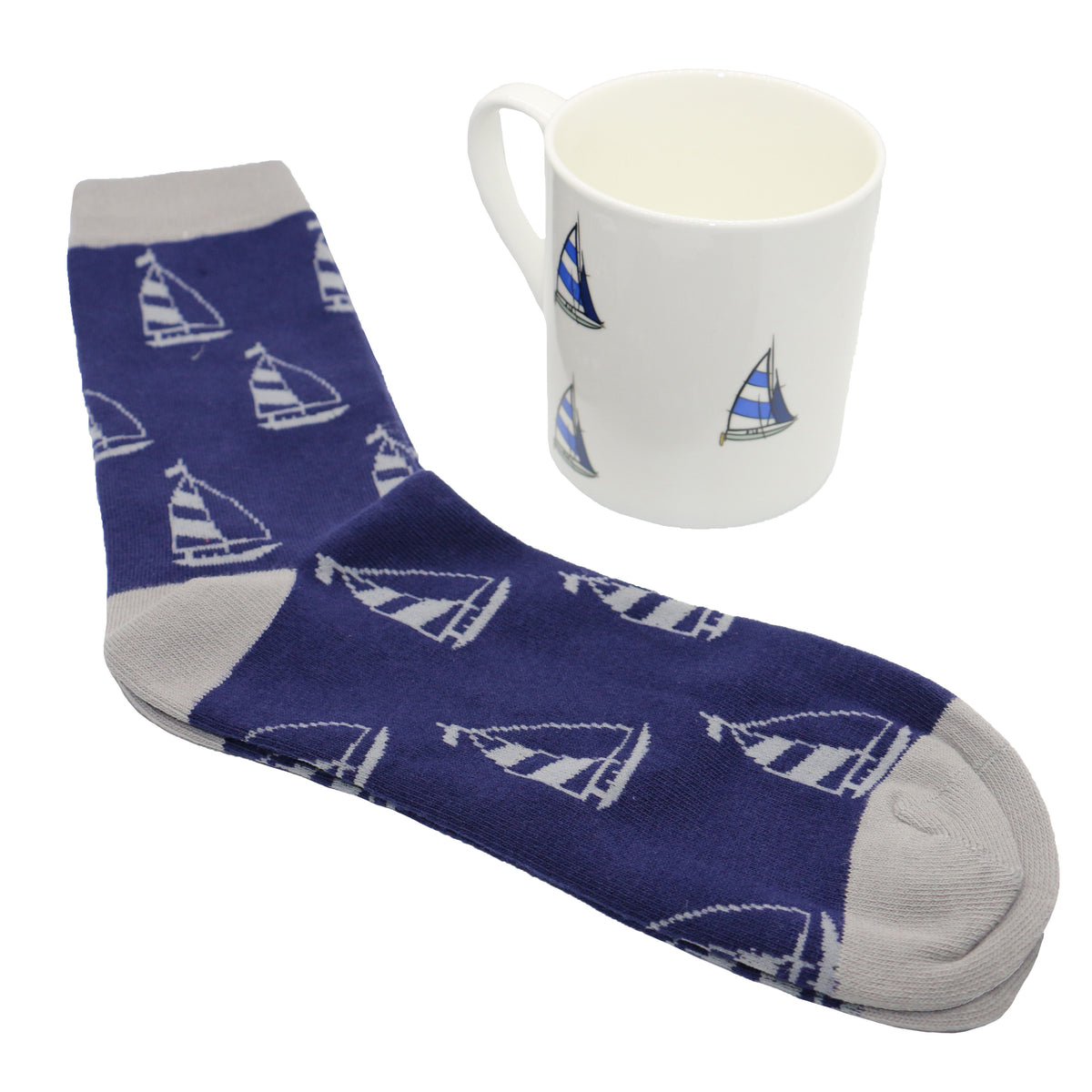 Sailing Yacht Fine Bone China Mug And Sock Set - Leonard Silver - navy and grey socks with bone china mug