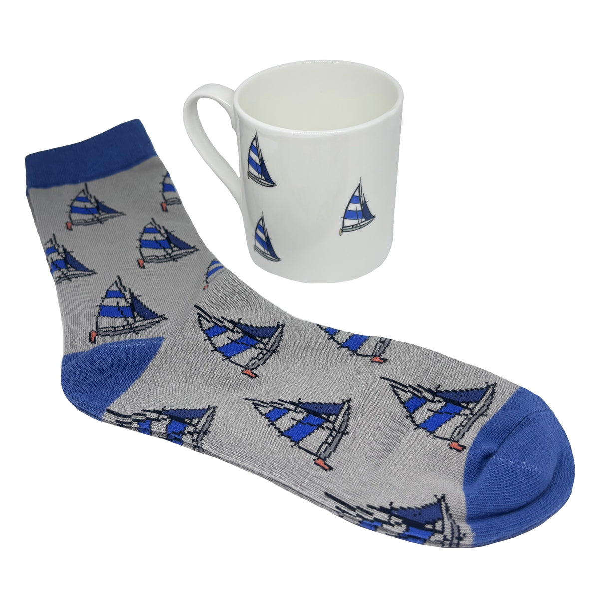 Sailing Yacht Fine Bone China Mug And Sock Set - Leonard Silver - grey socks with blue yachts and white mug