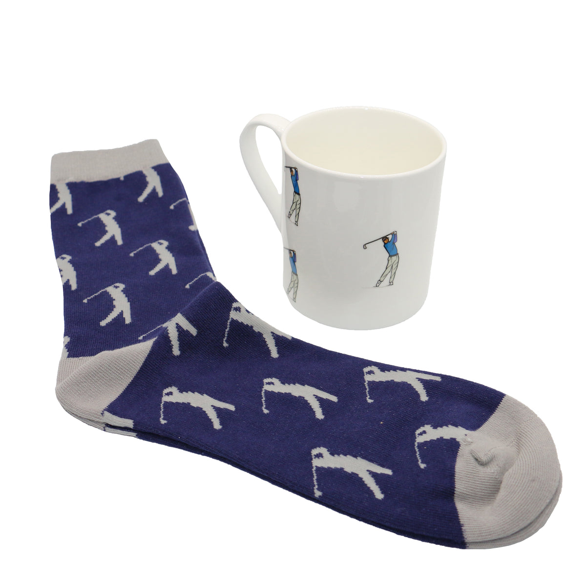 Golfer Fine Bone China Mug And Sock Set - Leonard Silver - navy socks beside illustrated mug