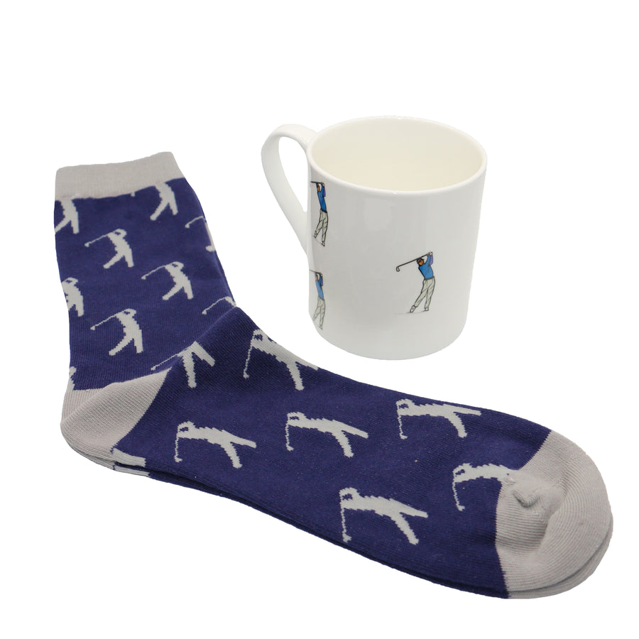 Golfer Fine Bone China Mug And Sock Set - Leonard Silver - navy socks beside illustrated mug