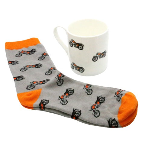 Motorbike Bone China Mug & Socks Gift Set - Leonard Silver - mug and sock