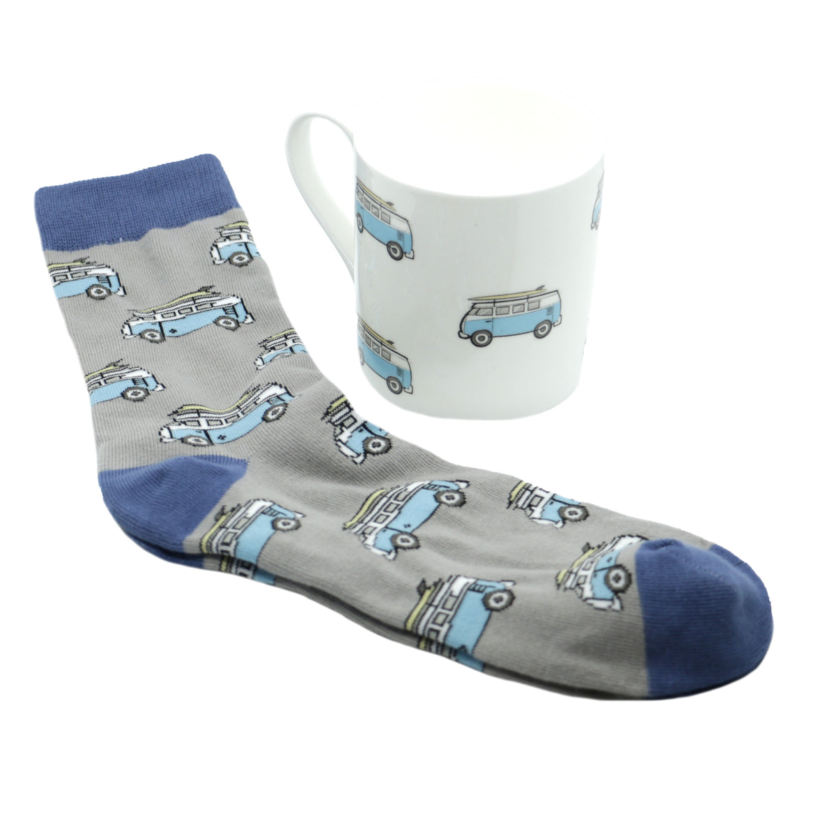 Campervan Bone China Mug and Socks Gift Set - Leonard Silver - grey socks beside white bone china mug