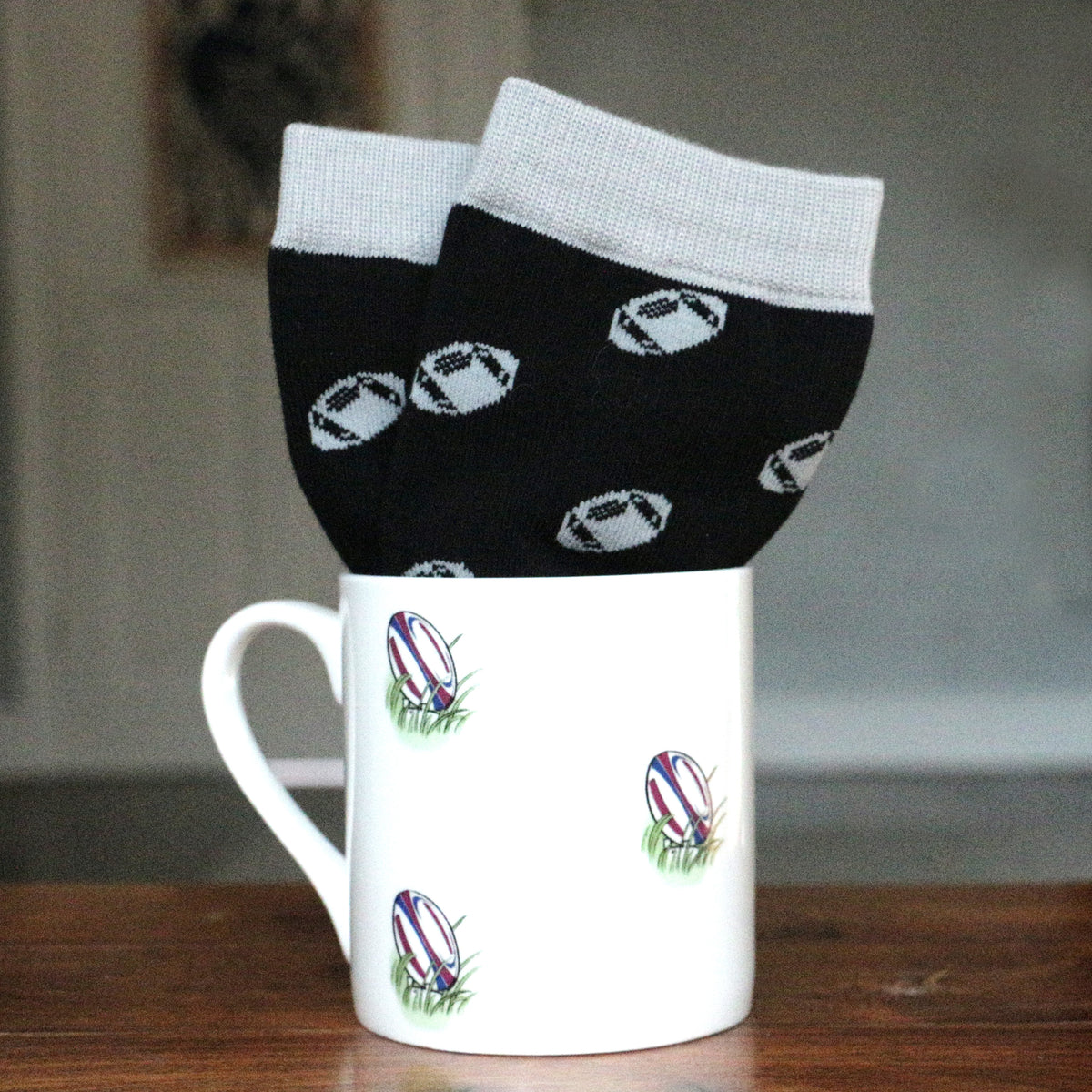 Rugby Ball Bone China Mug and Socks Gift Set - Leonard Silver - socks in the mug