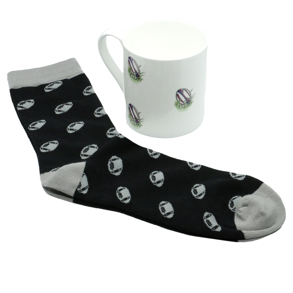 Rugby Ball Bone China Mug and Socks Gift Set - Leonard Silver - mug and sock