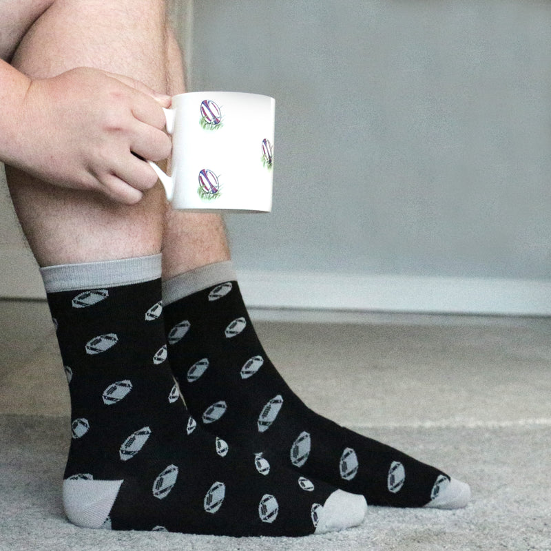 Rugby Ball Bone China Mug and Socks Gift Set - Leonard Silver - socks worn with mug in hand