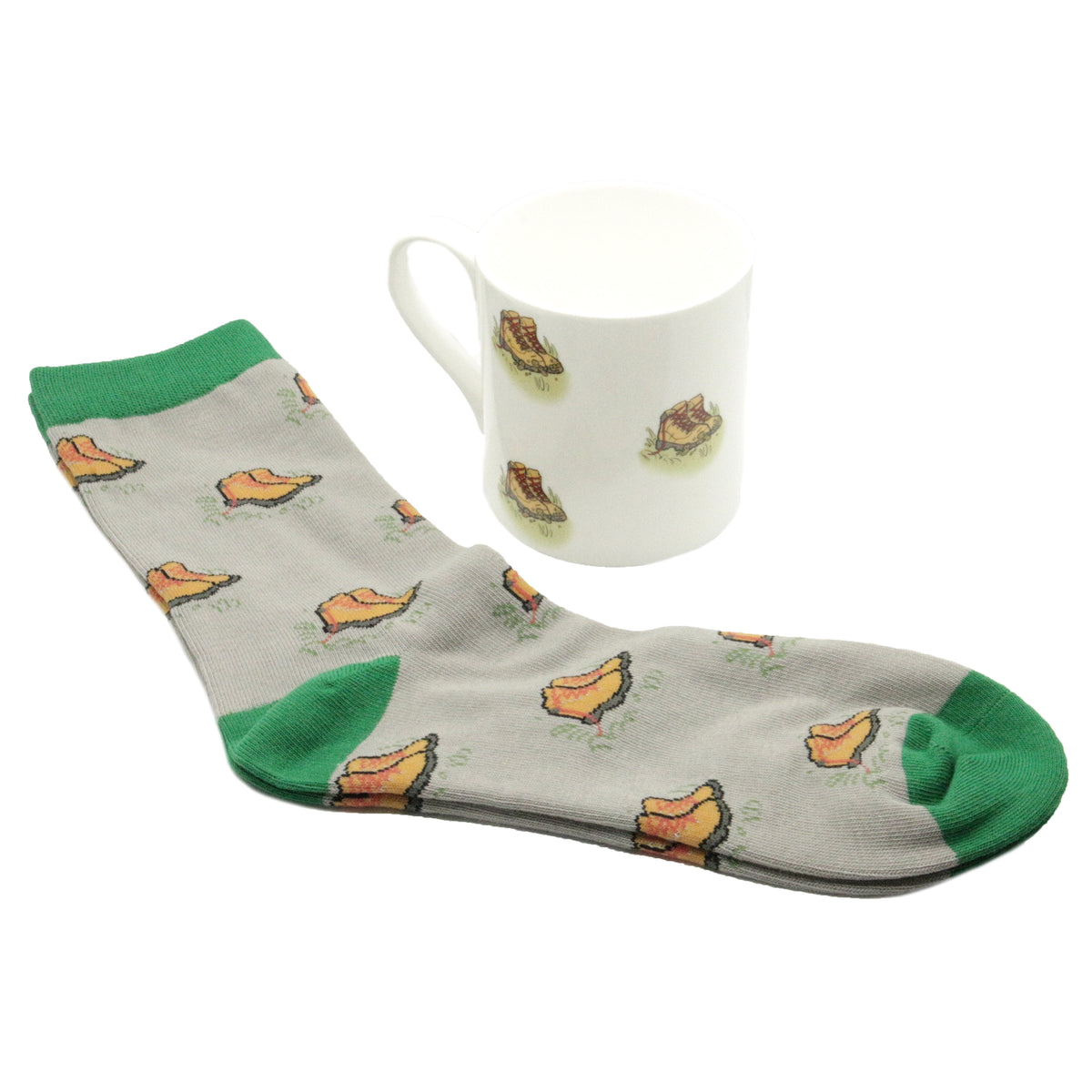 Walking Boots Bone China Mug And Sock Set - Leonard Silver - mug and sock shown together