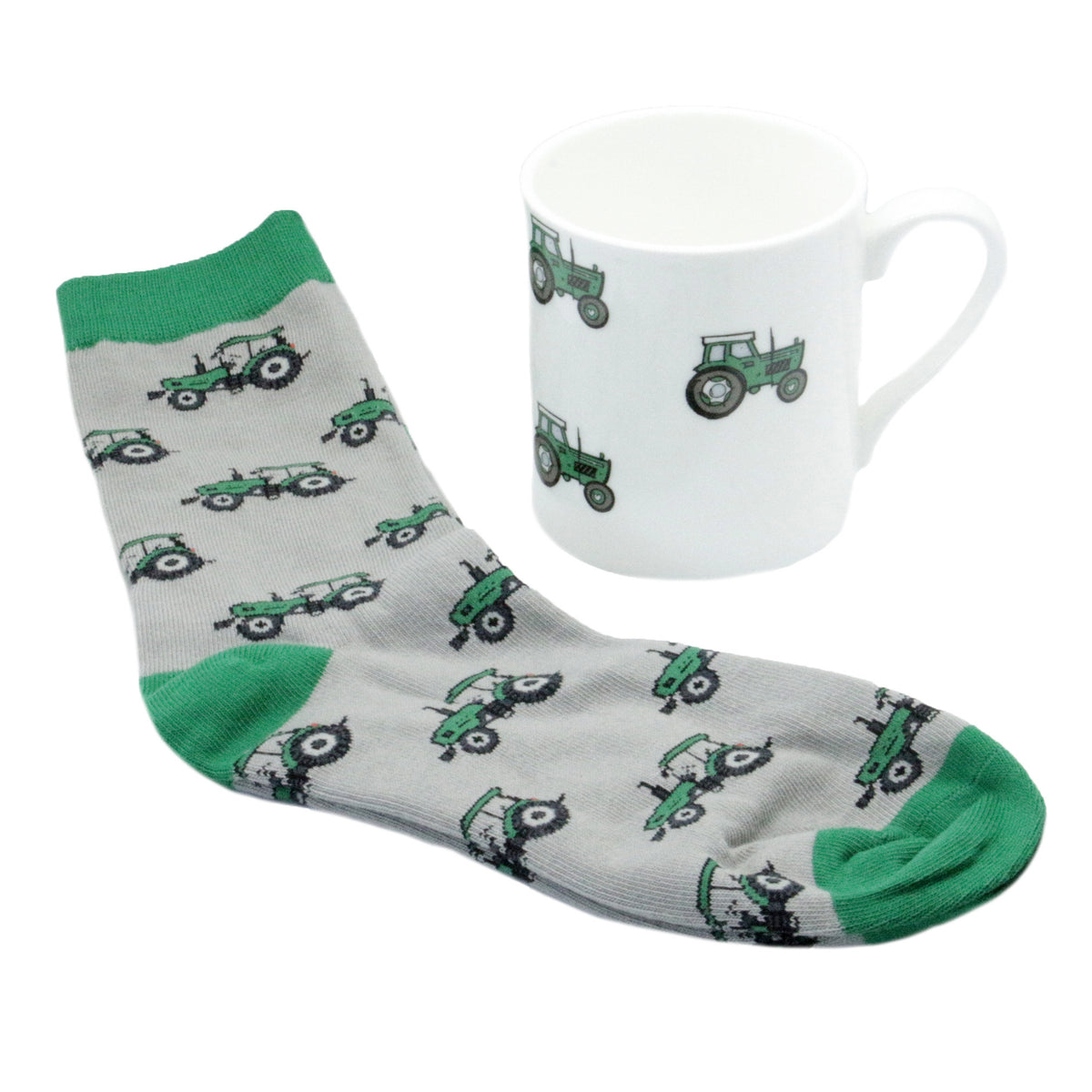 Green Tractor Bone China Mug & Socks Gift Set - Leonard Silver - mug and socks