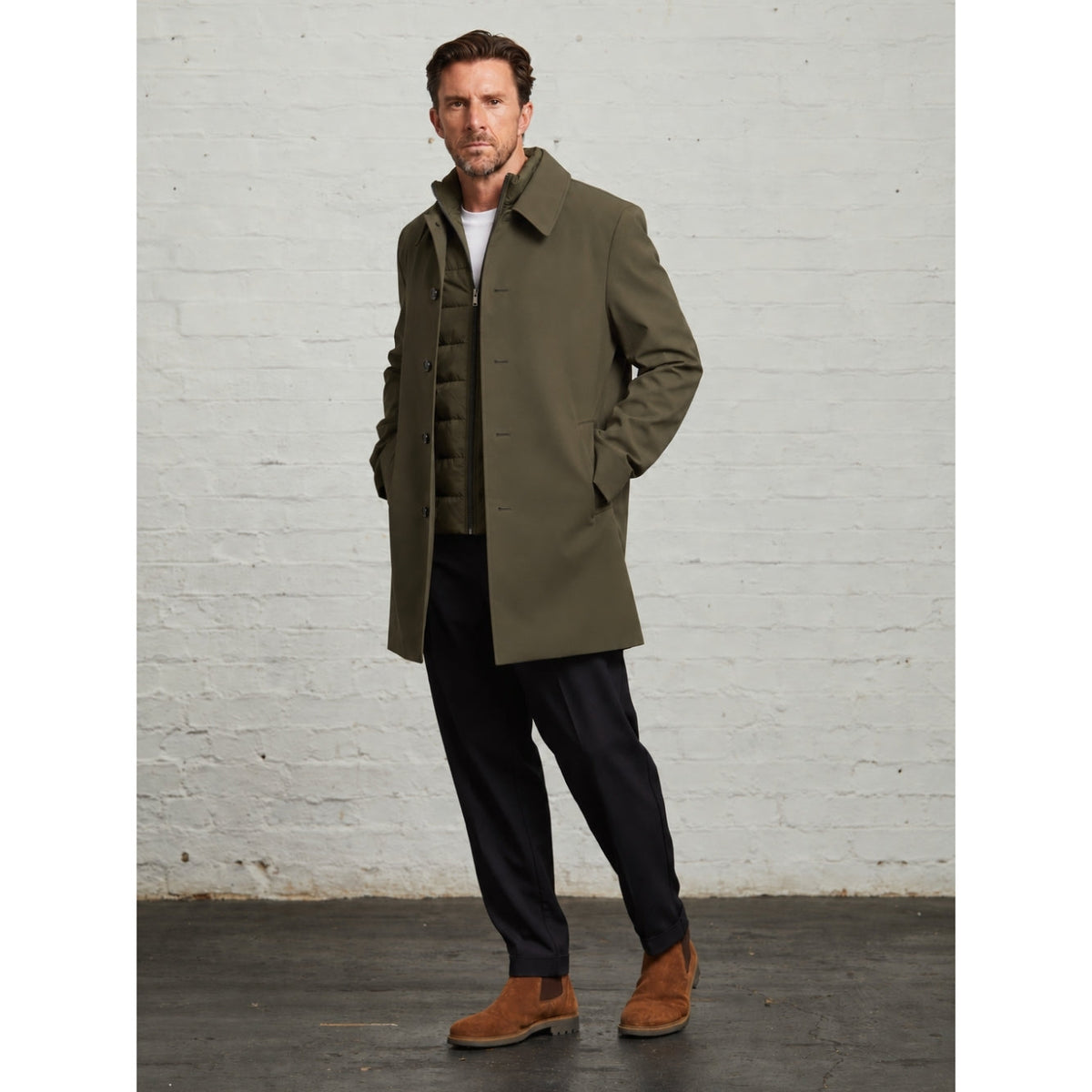 Khaki Monti 3-in-1 raincoat, full-length view on a model