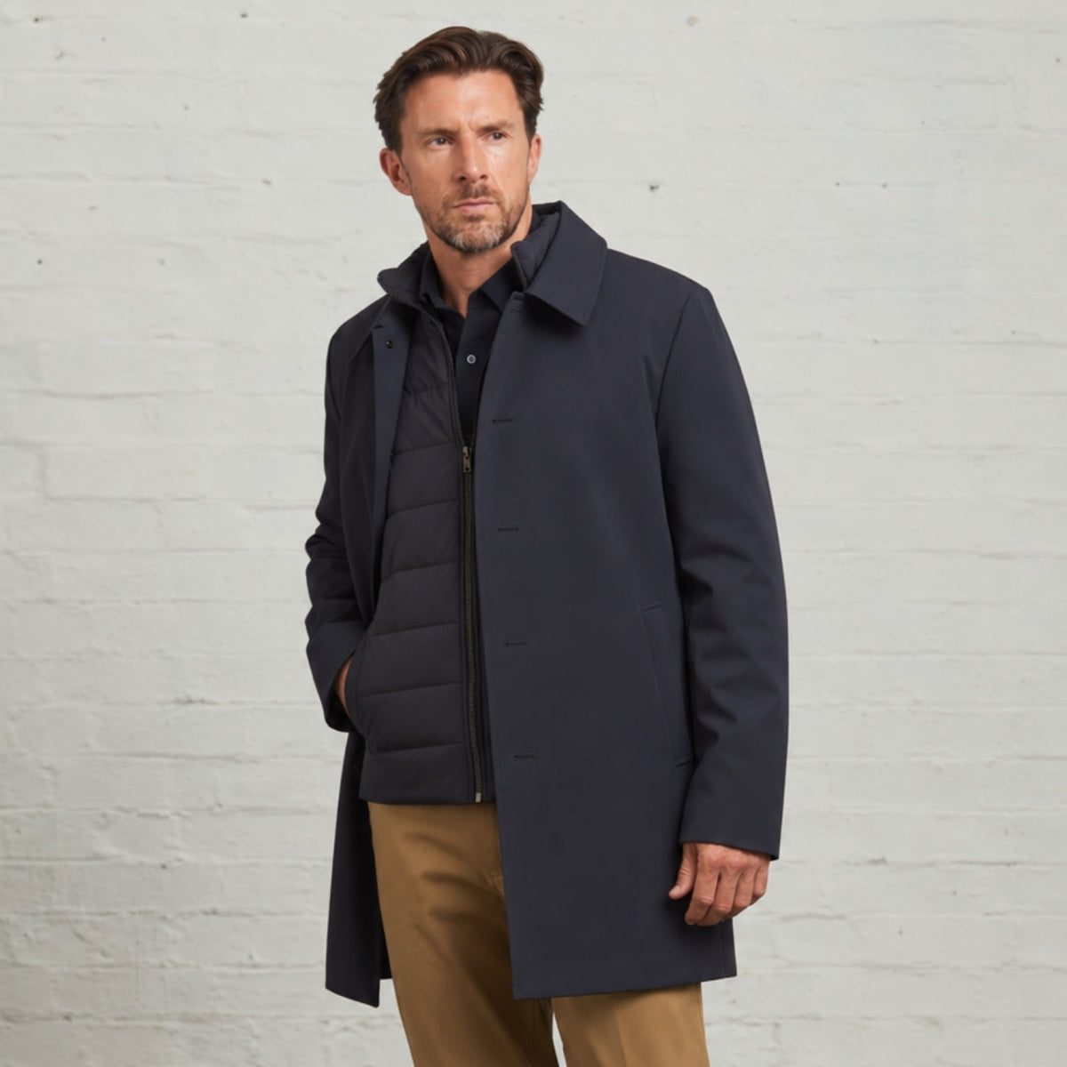 Guards London Monti 3-in-1 raincoat in Navy, worn open over the quilted gilet