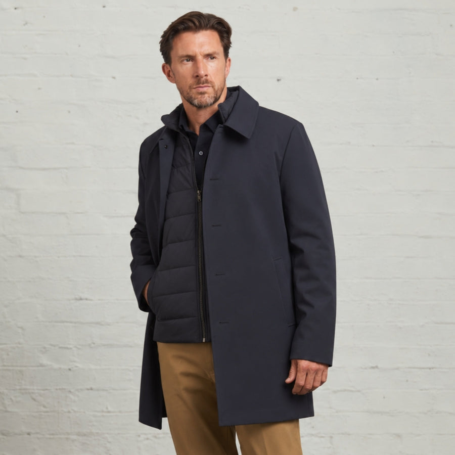 Guards London Monti 3-in-1 raincoat in Navy, worn open over the quilted gilet
