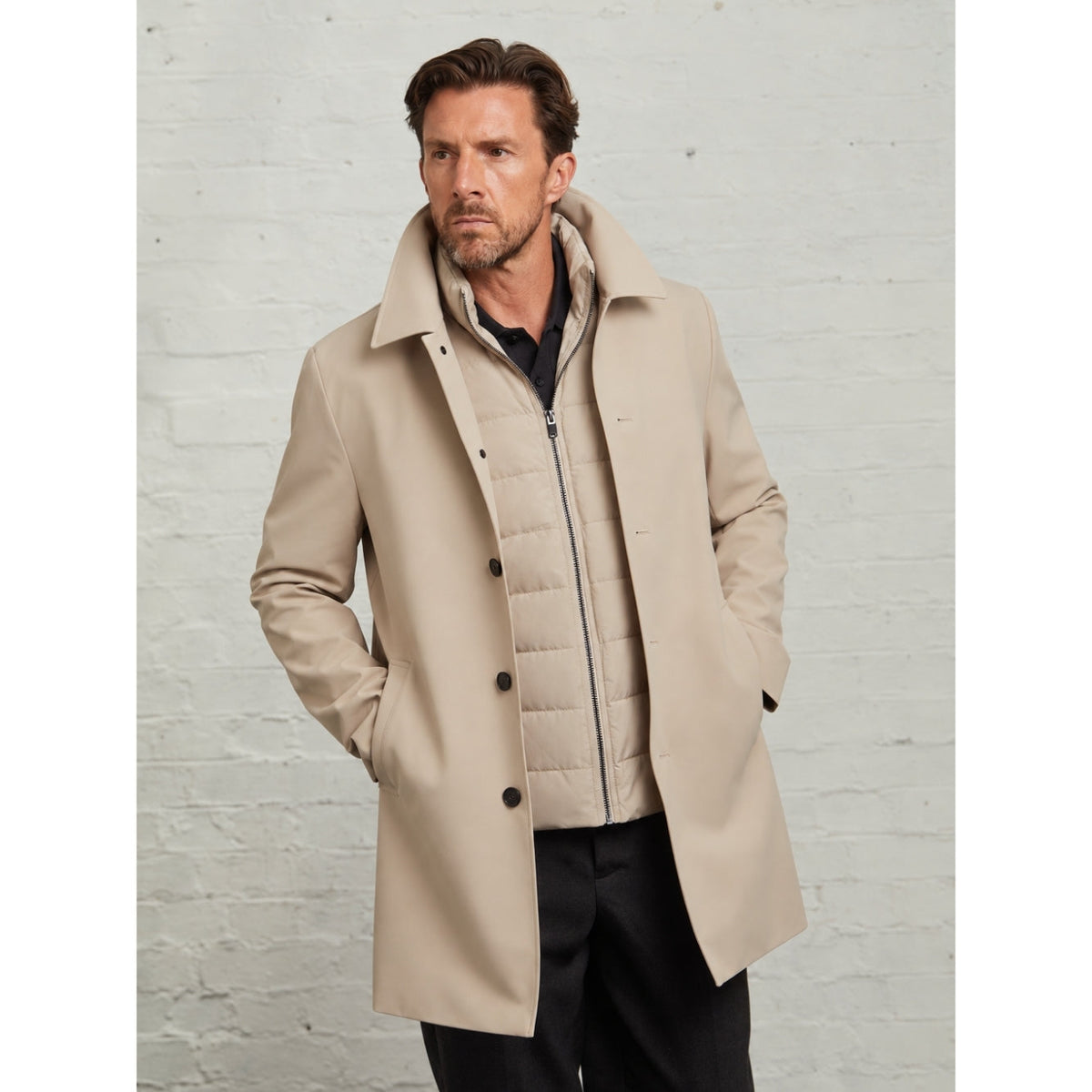 Monti raincoat in Stone worn open over the matching quilted gilet
