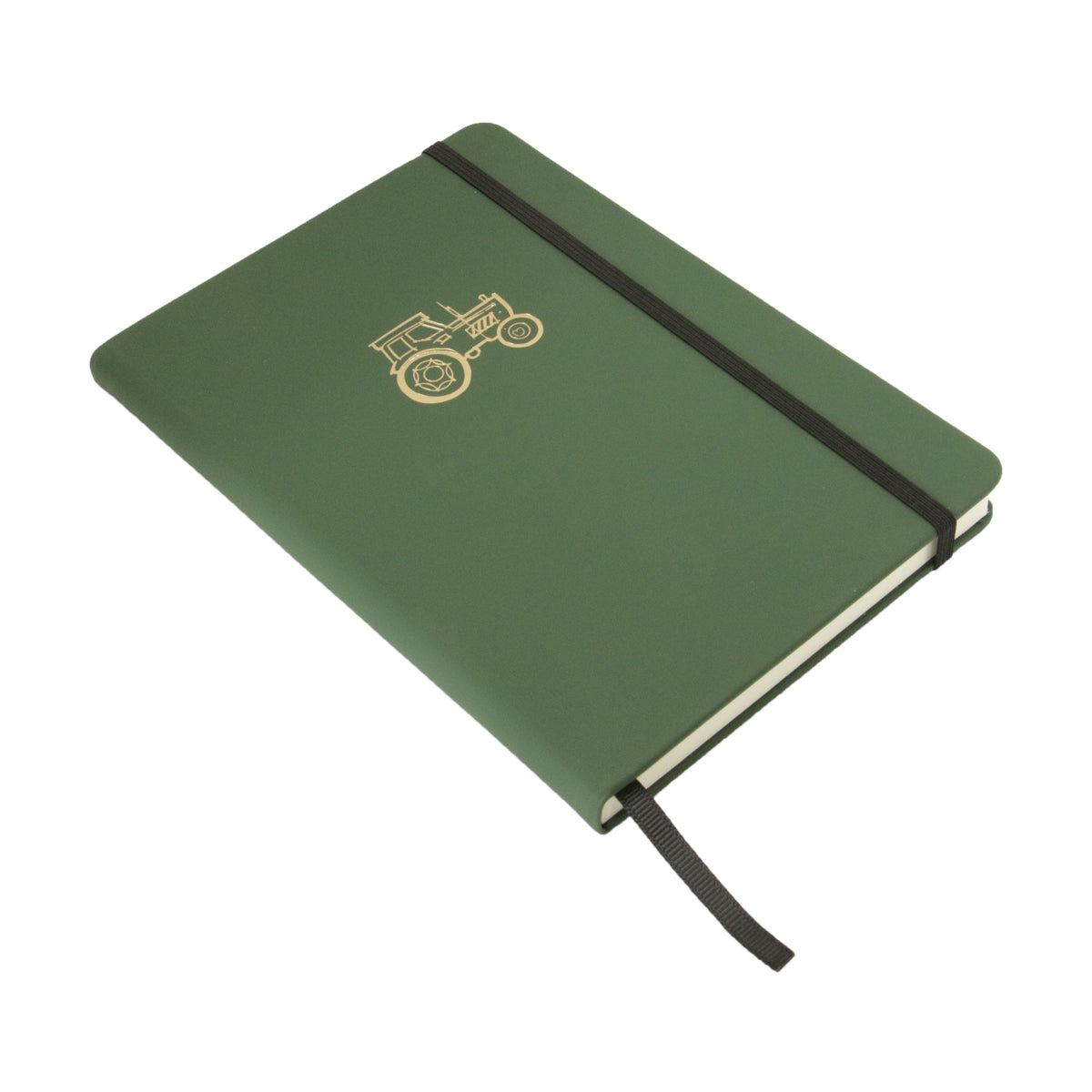 Green Tractor Embossed A5 Lined Notebook - Leonard Silver - front cover with elastic closure and ribbon marker