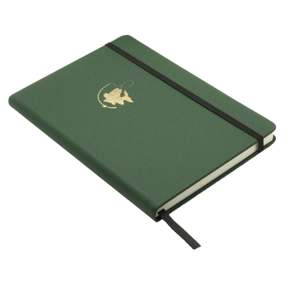 Green Fish Embossed A5 Lined Notebook - Leonard Silver - front cover with elastic band and ribbon marker