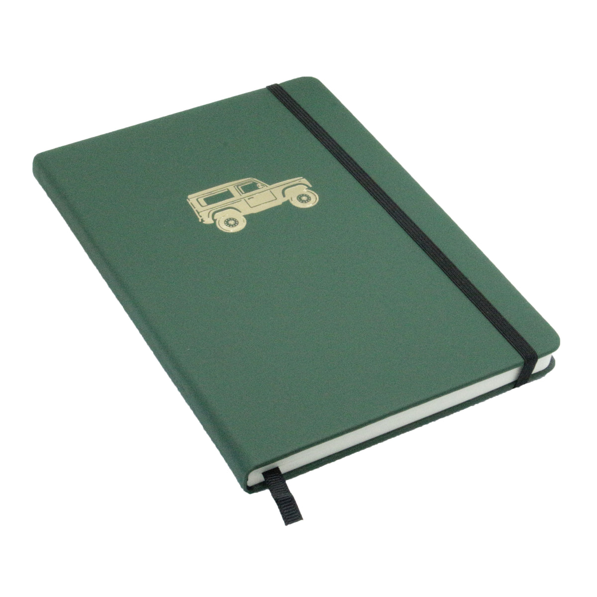 Green Land Vehicle Embossed A5 Lined Notebook - Leonard Silver - front cover with elastic closure